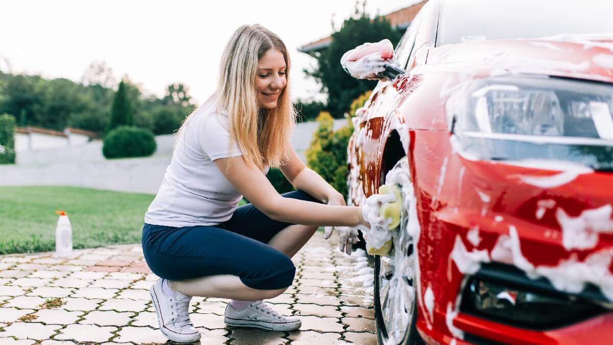 washing red car